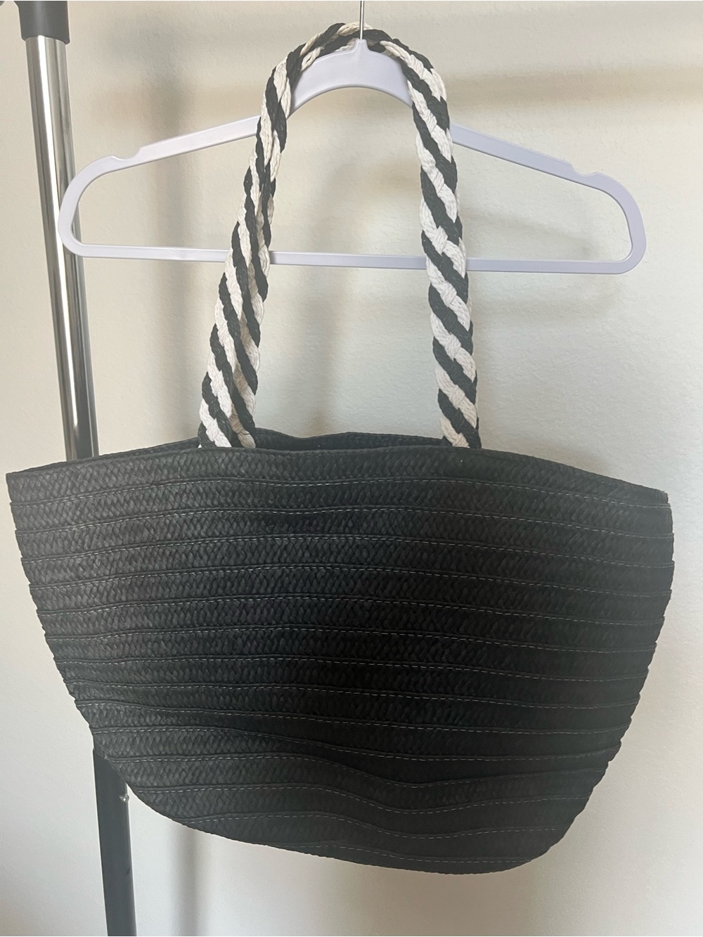 Rachel Zoe Black Straw Tote with Black & White Braided Rope Handles